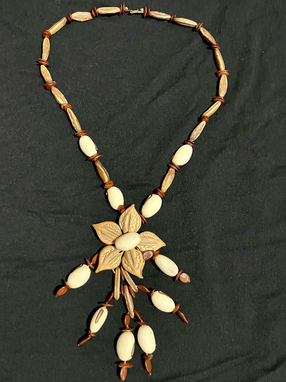 Vintage Boho Floral Beaded Statement Necklace Brown Cream Dangle Pendant